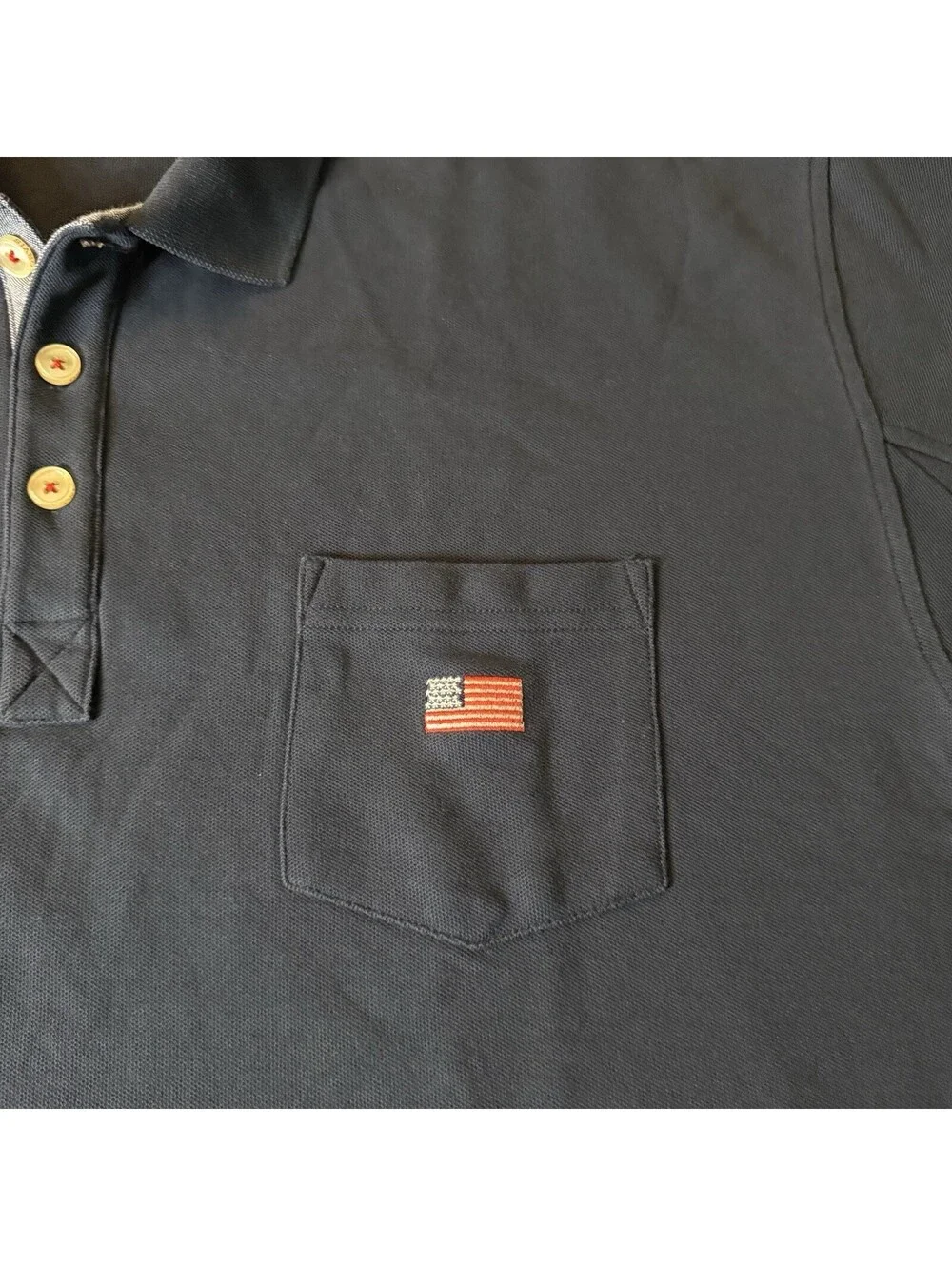 Orvis Men’s Polo Shirt Navy Blue American Flag Pocket 100% Cotton XXL